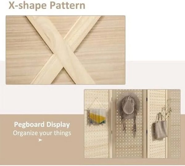 CHFBC 4 Panel Pegboard Display Room Divider 4.7' Tall Wood Indoor Portable Folding Privacy Screen Partition Wall Divider for Home Office Natural - Image 4