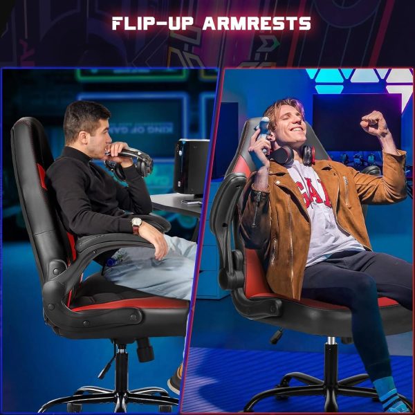 Ergonomic Computer Gaming Chair - Home Office Desk with PU Leather Lumbar Support, Height Adjustable Big and Tall Video Game with Flip-up Armrest, Swivel Wheels for Adults and Teens - Image 3