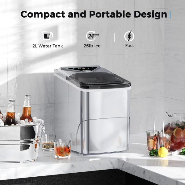 Ice Makers Countertop, Self-Cleaning Function, Portable Electric Ice Cube Maker Machine, 9 Bullet Ice Ready in 6 Mins, 26lbs 24Hrs with Ice Bags and Ice Scoop Basket for Home Bar Camping RV(Silver) - Image 2