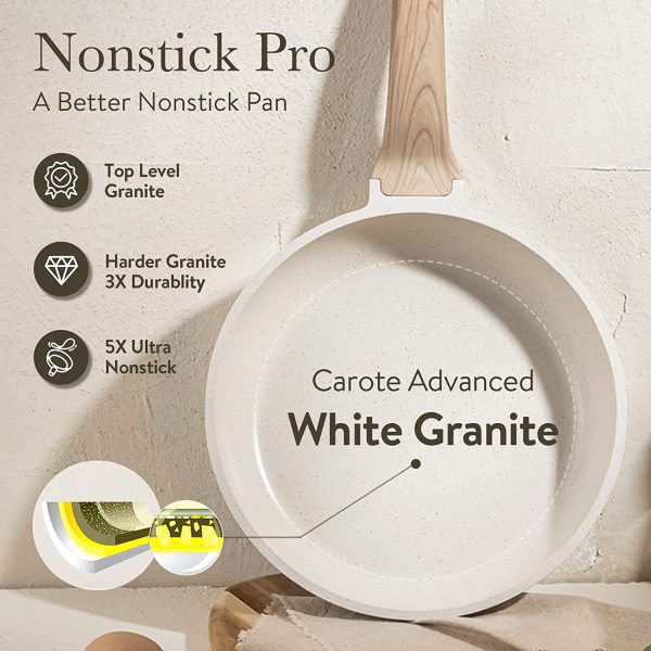 CAROTE C01520 Pots and Pans Set Nonstick， White Granite Induction Kitchen Cookware Sets， 10 Pcs Non Stick Cooking Set w/ Frying Pans and Saucepans(PFOS ， PFOA Free) - Image 3