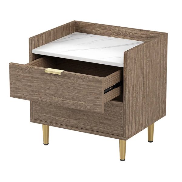 Ecarpat Wooden Nightstand with 2 Drawers, Bedside Table with Metal Legs&Handles, Side Table with Marbling Worktop for Living Room Bedroom, Walnut - Image 3
