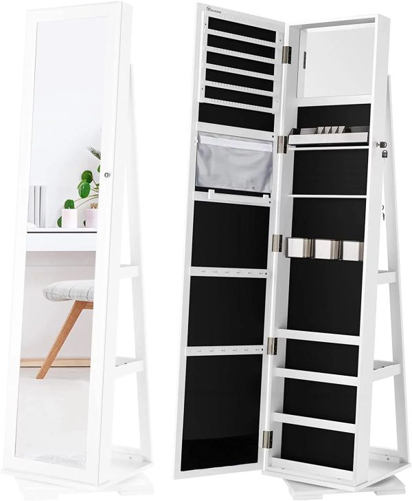 Dextrus 360° Swivel Jewelry Cabinet, Lockable Standing Jewelry Armoire with Full-Length Mirror, Rear Storage Shelves, White - Image 2