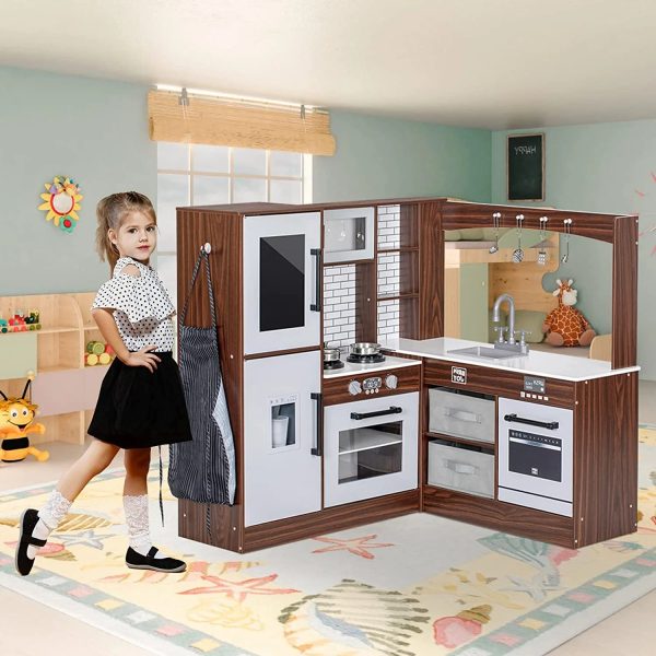 BRINJOY Corner Play Kitchen for Kids, Wooden Toddler Kitchen Playset w/ Faucet, Sink, Microwave, Oven, Apron, Blackboard, Storage Cabinets, Pretend Cooking Toys w/ Sound & Light Gift for Ages 3+ - Image 8