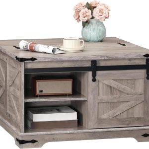HOOBRO Farmhouse Coffee Table for Living Room with Single Sliding Barn Door Lift Top and Hidden Space Gray BG80KF01