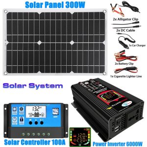 TASHHAR Solar Panel Kit 300W with Controller and Power Inverter 18V Battery Charger Maintainer for Boat Car RV Motorcycle Marine Automotive