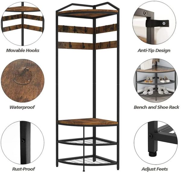 HBROLJF Corner Hall Tree with Shoe Bench Entryway Coat Rack with 10 Metal Movable Hooks Freestanding Shoes Organizer for Home Office Bedroom (Rustic Brown) - Image 6