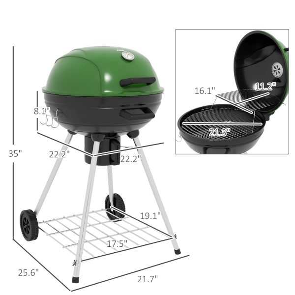 Outsunny 21" Kettle Charcoal BBQ Grill with Wheels, Barbecue, Green - Image 7