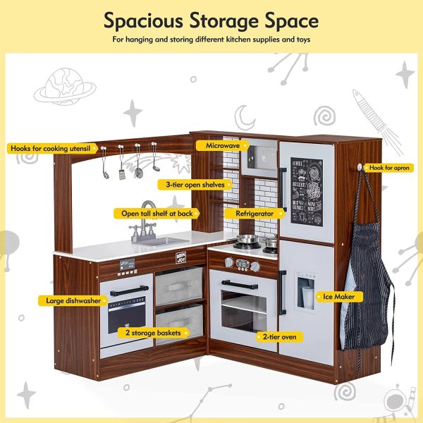 BRINJOY Corner Play Kitchen for Kids, Wooden Toddler Kitchen Playset w/ Faucet, Sink, Microwave, Oven, Apron, Blackboard, Storage Cabinets, Pretend Cooking Toys w/ Sound & Light Gift for Ages 3+ - Image 4