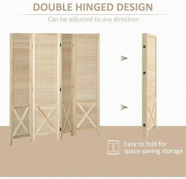 CHFBC 4 Panel Pegboard Display Room Divider 4.7' Tall Wood Indoor Portable Folding Privacy Screen Partition Wall Divider for Home Office Natural - Image 6