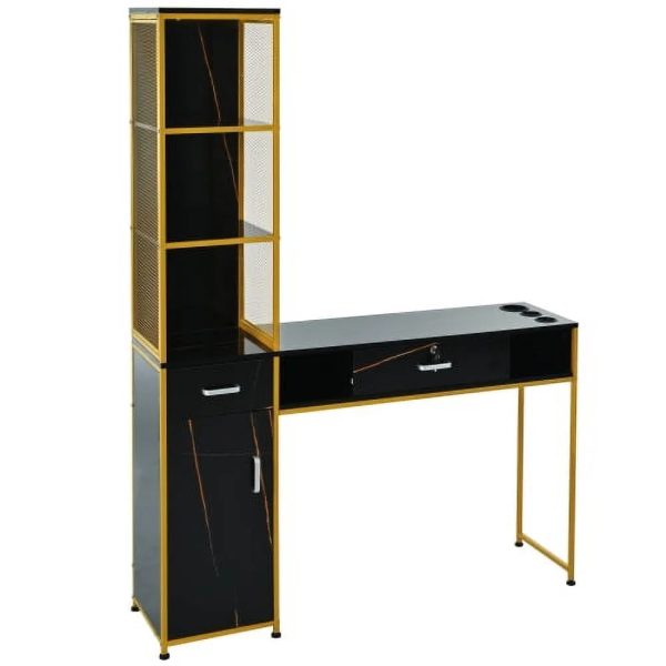 Barber Salon Station for Hair Stylist,Beauty Salon Station with Lockable Drawer, Left Shelf and Storage Cabinet, Beauty Spa Equipment, Mirror not Included,Black - Image 2