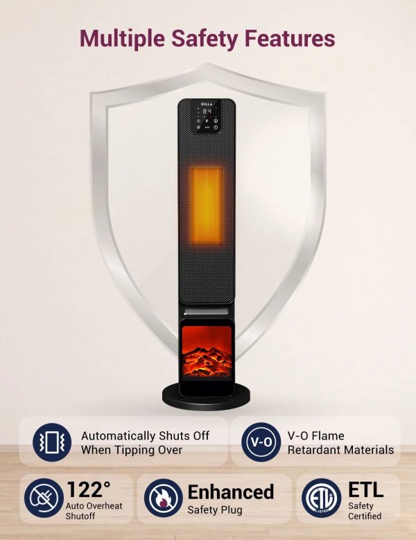 DELLA 26" 1500W PTC Fast and Quiet Ceramic Portable Electric Space Heaters with Realistic 3D Flame & Fire Crackling Sound, 3 Modes, Eco, LED Display, Remote, Safety Indoor Room Tower Heater Fan, Black - Image 5