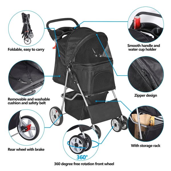 Foldable Pet Stroller, Cat/Dog Stroller with 4 Wheel, Pet Travel Carrier Strolling Cart with Storage Basket, Cup Holder, Black - Image 2