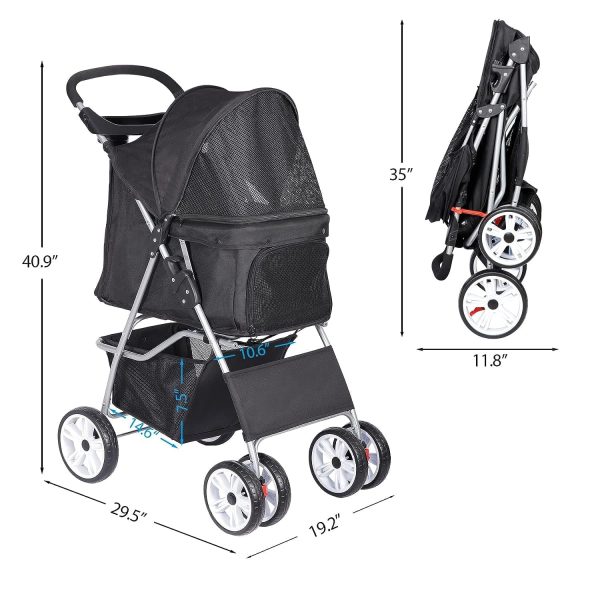 Foldable Pet Stroller, Cat/Dog Stroller with 4 Wheel, Pet Travel Carrier Strolling Cart with Storage Basket, Cup Holder, Black - Image 6