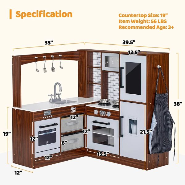 BRINJOY Corner Play Kitchen for Kids, Wooden Toddler Kitchen Playset w/ Faucet, Sink, Microwave, Oven, Apron, Blackboard, Storage Cabinets, Pretend Cooking Toys w/ Sound & Light Gift for Ages 3+ - Image 2