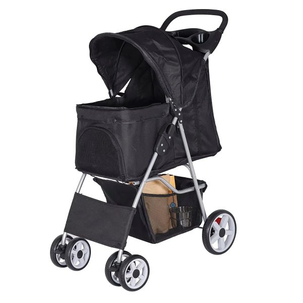 Foldable Pet Stroller, Cat/Dog Stroller with 4 Wheel, Pet Travel Carrier Strolling Cart with Storage Basket, Cup Holder, Black - Image 7