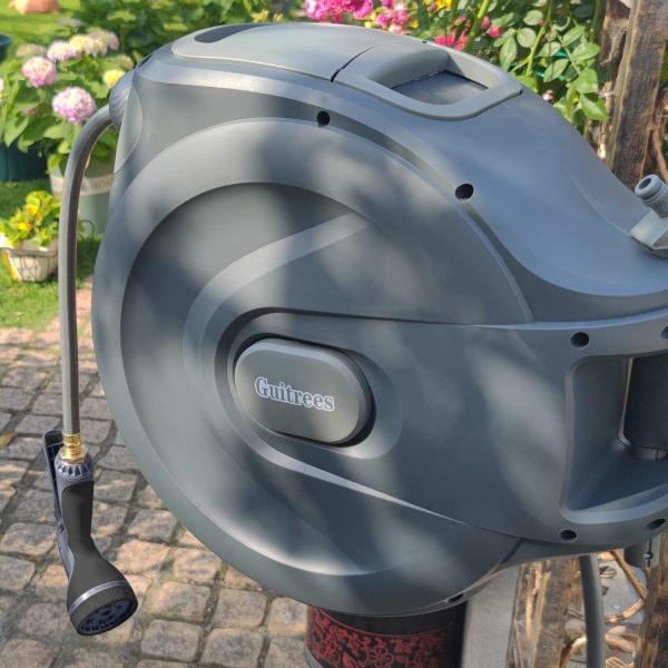 Guitrees Retractable Garden Hose Reel 1/2u201d 115FT+6FT With Cover, Slow Return System, Any Length Lock, Wall Mounted, 9 Function Nozzle and 180u00b0Swivel Bracket (Grey) - Image 7