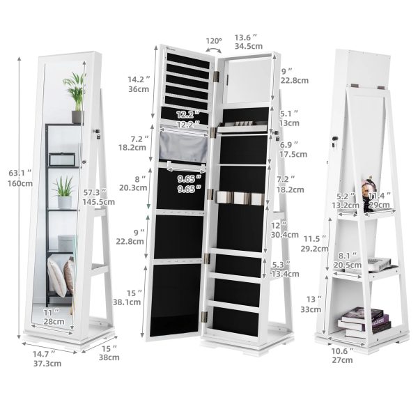 Dextrus Mirror Jewelry Cabinet 360° Rotating Jewelry Armoire Storage Box w/ Full Length Mirror Jewelry Organizer - White - Image 4